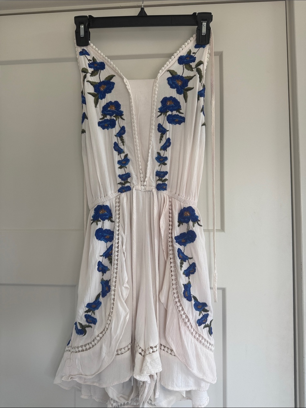 American Eagle Outfitters White Mini Romper with Blue Floral Embroidery Size S